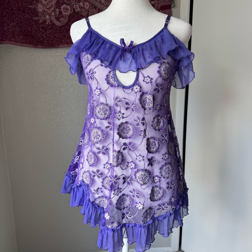 Purple Floral Sheer Ruffle Y2K 2000s Mesh Slip Summer Women’s Small Cami